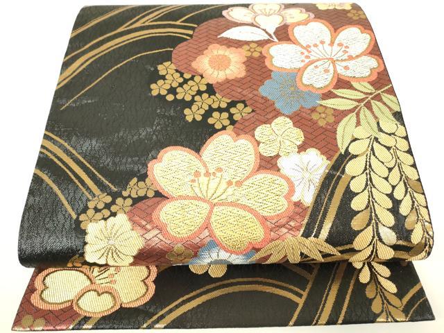 平和屋着物▼六通柄袋帯 吉祥花文 黒地 金銀糸 正絹 逸品 DABH6038az