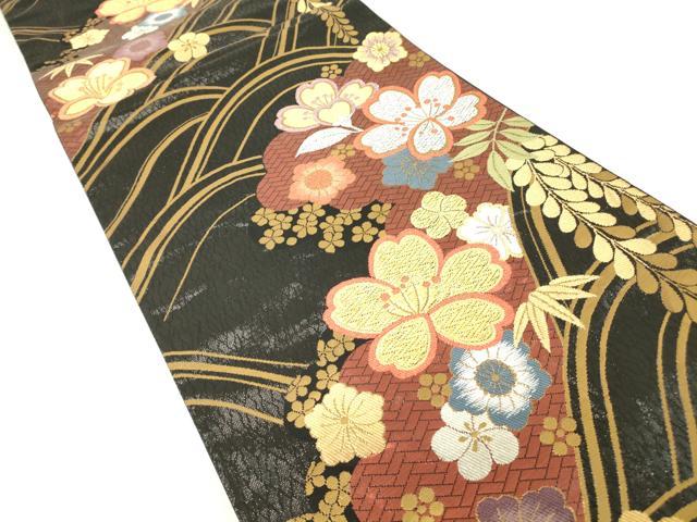 平和屋着物▼六通柄袋帯 吉祥花文 黒地 金銀糸 正絹 逸品 DABH6038az