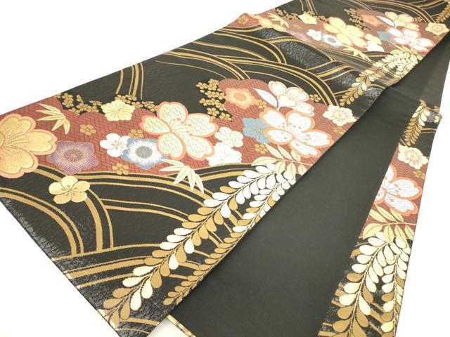 平和屋着物▼六通柄袋帯 吉祥花文 黒地 金銀糸 正絹 逸品 DABH6038az