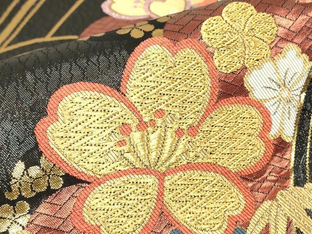 平和屋着物▼六通柄袋帯 吉祥花文 黒地 金銀糸 正絹 逸品 DABH6038az