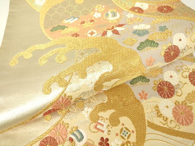 平和屋着物▼六通柄袋帯 宝尽くし立波花文 金糸 正絹 逸品 DABH6070az