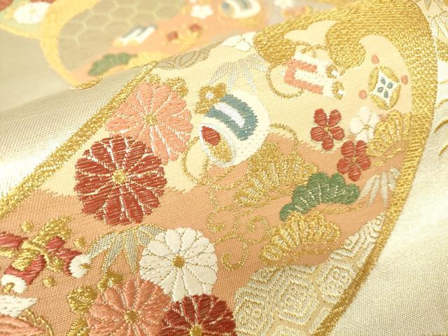 平和屋着物▼六通柄袋帯 宝尽くし立波花文 金糸 正絹 逸品 DABH6070az
