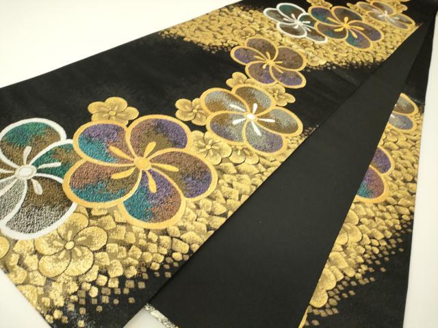 平和屋着物▼六通柄袋帯 舞花箔散らし 黒地 金銀糸 正絹 逸品 DABH6080az