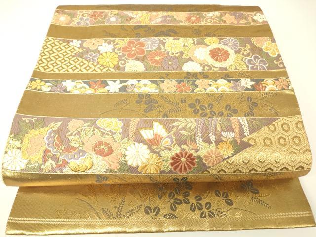 平和屋着物▼六通柄袋帯 横段吉祥花文 金糸 正絹 逸品 DABH6084az