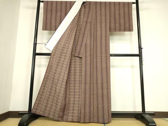 平和屋着物▽上質な紬 単衣 縞 正絹 逸品 DABH6104az
