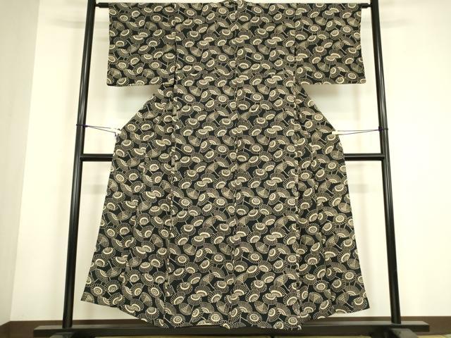 平和屋着物▽上質な小紋 単衣 型染 番傘 黒地 正絹 逸品 DABH6111az