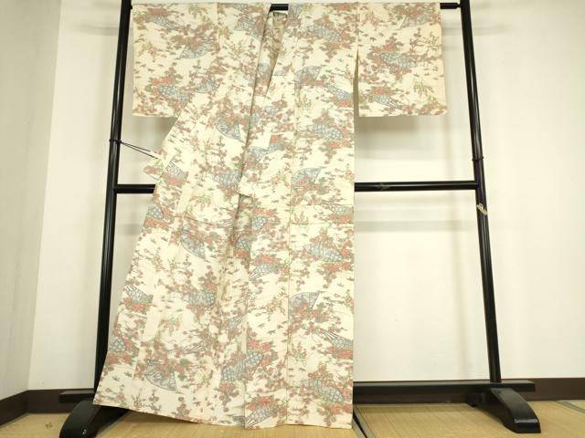 平和屋着物▽上質な紬 単衣 扇面花文 正絹 逸品 DABH6119az