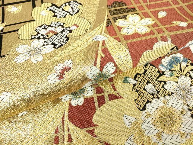 平和屋着物▼六通柄袋帯 舞桜文 金銀糸 正絹 逸品 DABH6142az