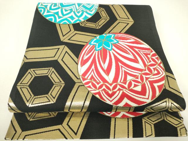 平和屋着物▼六通柄袋帯 花毬文 黒地 金糸 正絹 逸品 DABH6147az