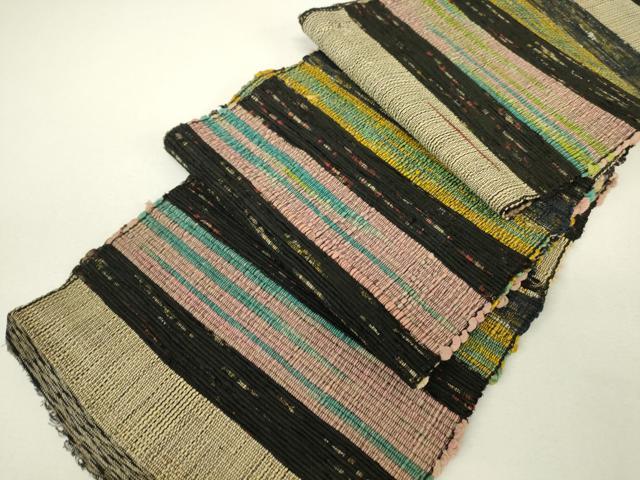 平和屋着物▼半幅帯 先織 横段文 単帯 正絹 逸品 DABH6172az