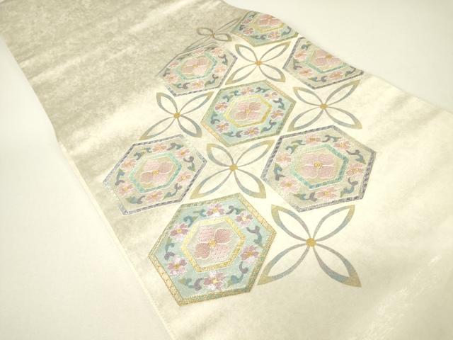 平和屋着物▼太鼓柄袋帯 駒刺繍 亀甲花文 金銀糸 引箔 正絹 逸品 DABH6173az