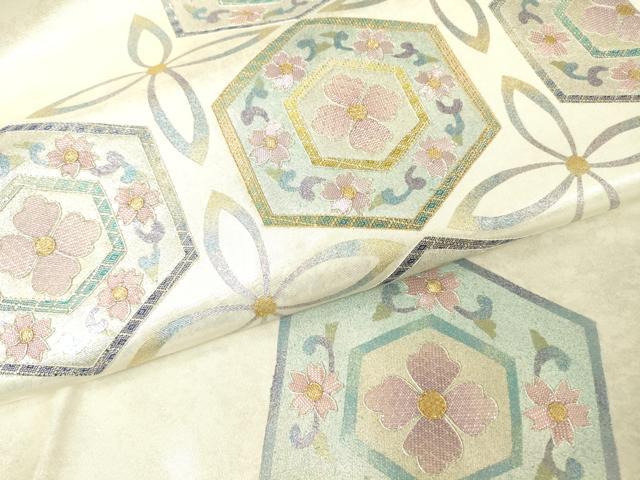 平和屋着物▼太鼓柄袋帯 駒刺繍 亀甲花文 金銀糸 引箔 正絹 逸品 DABH6173az