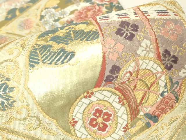 平和屋着物▼六通柄袋帯 天井格子王朝文 金糸 正絹 逸品 DABH6241az