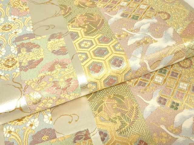 平和屋着物▼六通柄袋帯 短冊飛鶴花文 金糸 正絹 逸品 DABH6242az