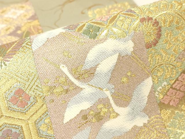 平和屋着物▼六通柄袋帯 短冊飛鶴花文 金糸 正絹 逸品 DABH6242az