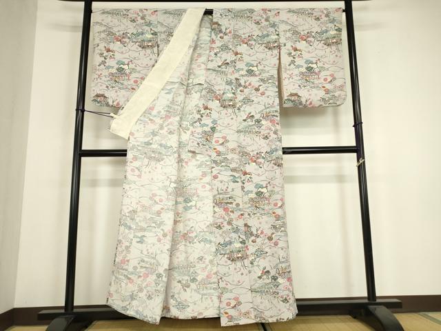 平和屋着物▽上質な小紋 単衣 型染め 風景花文 正絹 逸品 DABH6295az