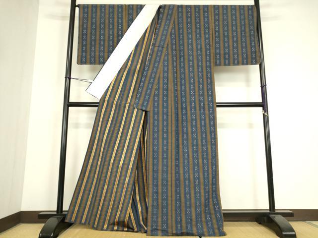 平和屋着物▽上質な紬 単衣 花織 幾何学間道 正絹 逸品 未使用 DABH6296az