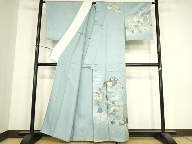 平和屋着物▽訪問着 単衣 舞蝶地紙花文 金銀彩 正絹 逸品 未使用 DABH6309az