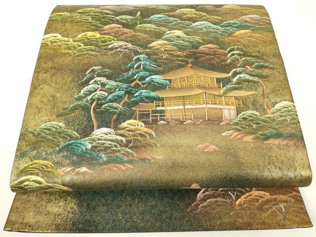 平和屋着物▼太鼓柄袋帯 作家物 金閣寺 手描き 引箔 正絹 逸品 DABH6327az