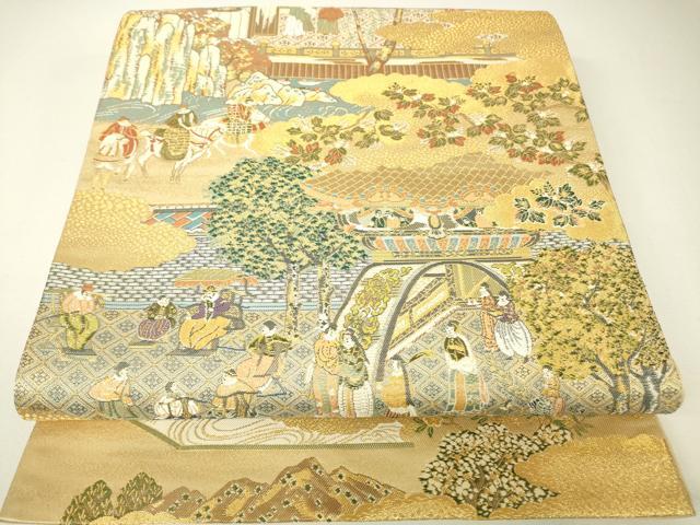 平和屋着物▼六通柄袋帯 人物風景文 金糸 正絹 逸品 DABH6357az