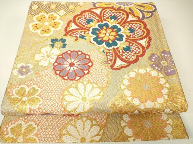 平和屋着物▼六通柄袋帯 七宝舞花文 金糸 正絹 逸品 DABH6358az