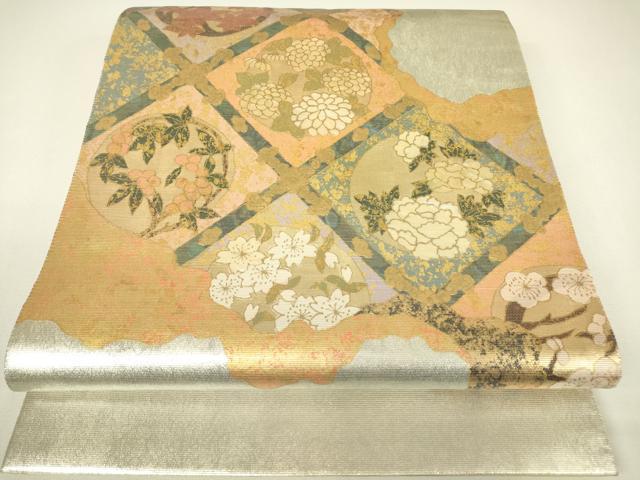 平和屋着物▼太鼓柄袋帯 螺鈿箔 天井花丸文 金彩 正絹 逸品 DABH6372az
