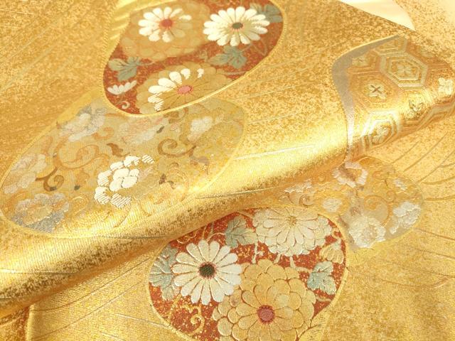 平和屋着物▼太鼓柄袋帯 駒刺繍 貝合わせ 金銀彩 正絹 逸品 DABH6373az