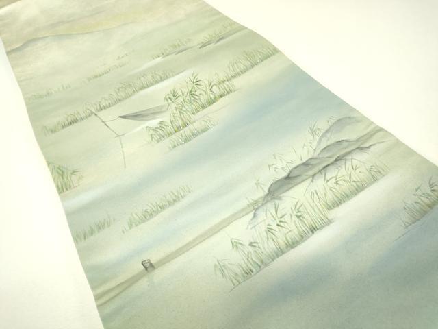 平和屋着物▼太鼓柄袋帯 水辺風景文 手描き 正絹 逸品 DABH6379az