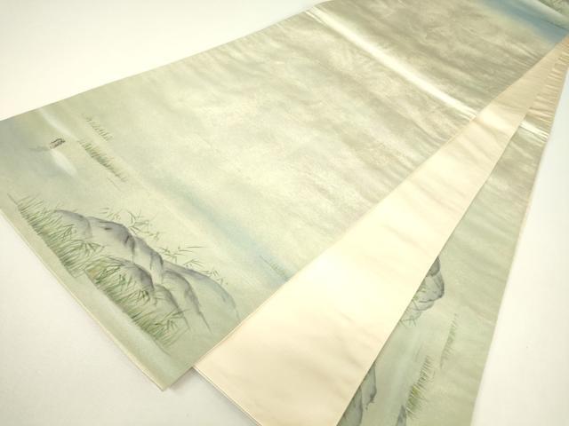 平和屋着物▼太鼓柄袋帯 水辺風景文 手描き 正絹 逸品 DABH6379az