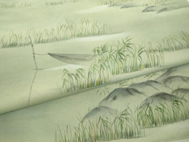 平和屋着物▼太鼓柄袋帯 水辺風景文 手描き 正絹 逸品 DABH6379az