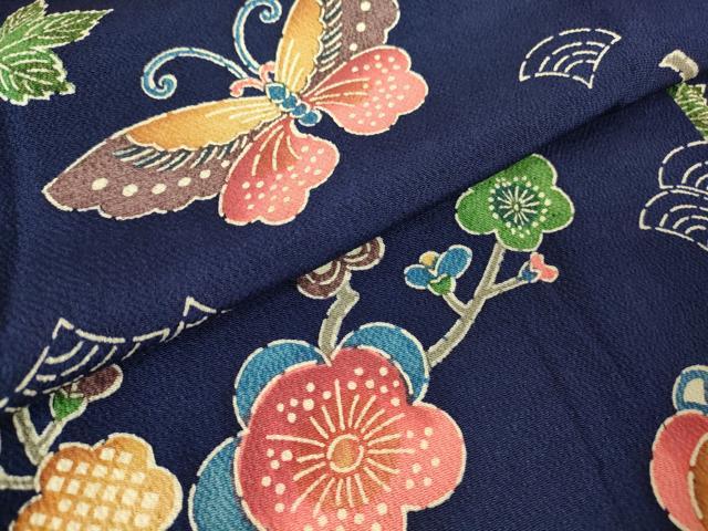 平和屋着物▽上質な小紋 単衣 型染め 枝梅舞蝶文 正絹 逸品 DABH6410az