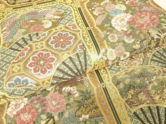 平和屋着物▼六通柄袋帯 格天井花車扇面文 金糸 正絹 逸品 DABH6447az