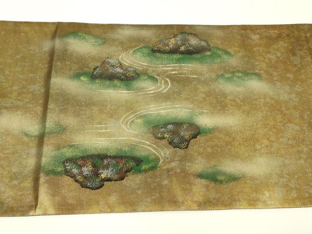 平和屋着物▼太鼓柄袋帯 作家物 枯山水 手描き 引箔 正絹 逸品 DABH6452az
