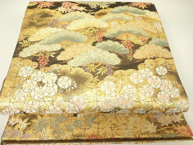 平和屋着物▼佐賀錦 六通柄袋帯 唐織 松に桜 金糸 正絹 逸品 DABH6454az