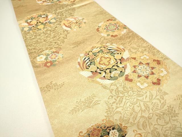 平和屋着物▼六通柄袋帯 正倉院鳳凰花文 金糸 正絹 逸品 DABH6466az