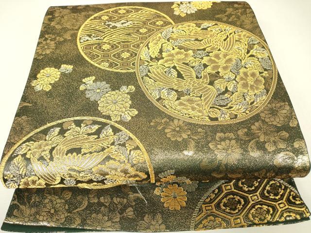平和屋着物▼六通柄袋帯 花鳥丸文 金糸 正絹 逸品 DABH6484az