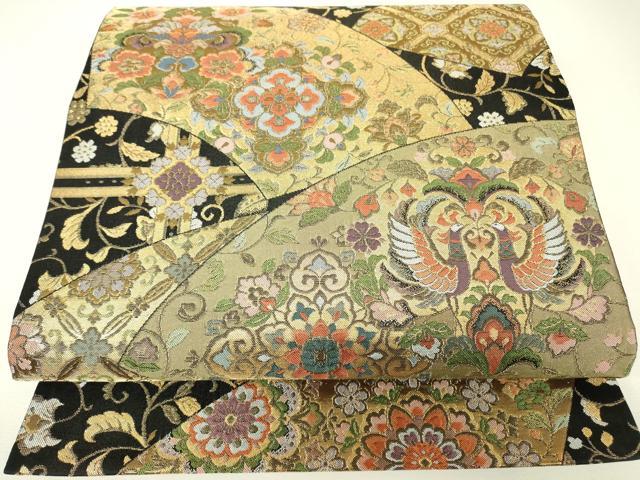 平和屋着物▼六通柄袋帯 正倉院鳳凰花文 黒地 金糸 正絹 逸品 DABH6485az