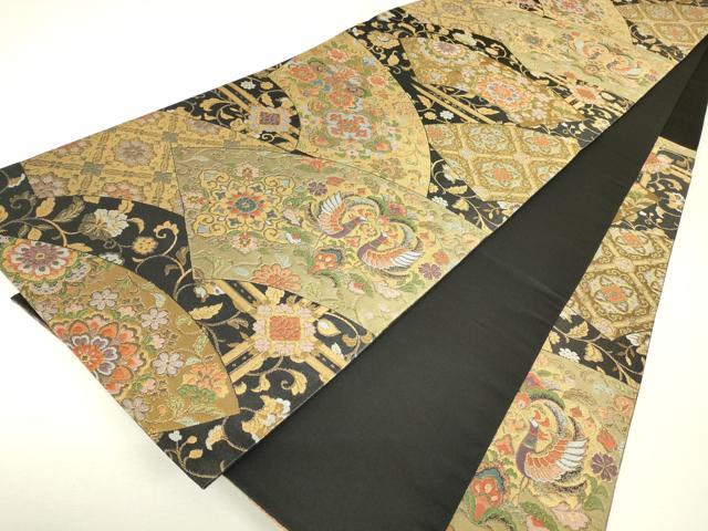 平和屋着物▼六通柄袋帯 正倉院鳳凰花文 黒地 金糸 正絹 逸品 DABH6485az