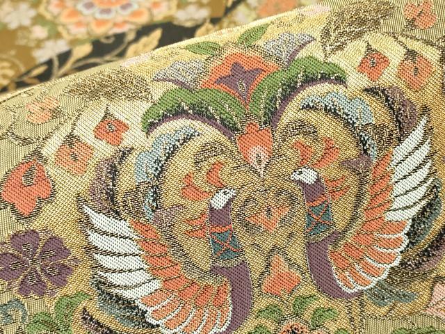 平和屋着物▼六通柄袋帯 正倉院鳳凰花文 黒地 金糸 正絹 逸品 DABH6485az