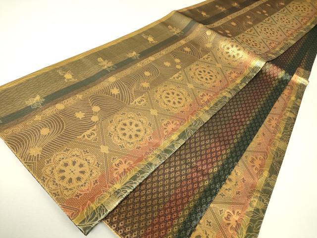 平和屋着物▼両面 六通柄袋帯 正倉院花文 金糸 反端付き 正絹 逸品 DABH6502az
