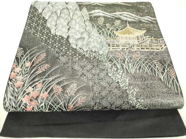 平和屋着物▼六通柄袋帯 九百緞子織 名所風景文 金銀糸 正絹 逸品 DABH6504az
