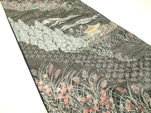 平和屋着物▼六通柄袋帯 九百緞子織 名所風景文 金銀糸 正絹 逸品 DABH6504az
