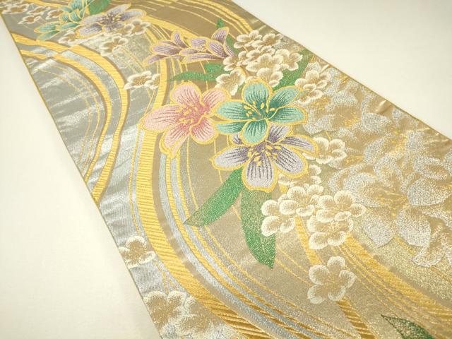平和屋着物▼六通柄袋帯 流水花文 金銀糸 正絹 逸品 DABH6531az