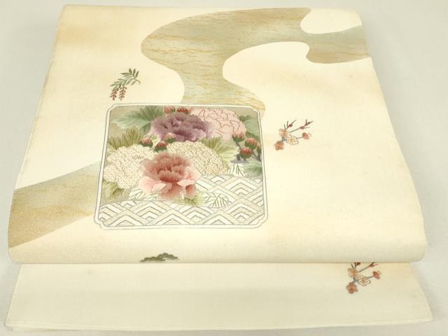 平和屋着物▼太鼓柄袋帯 刺繍 色紙花文 金彩 正絹 逸品 DABH6546az