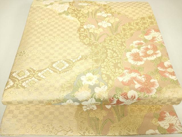 平和屋着物▼丸帯 道長花文 金糸 正絹 逸品 DABH6547az