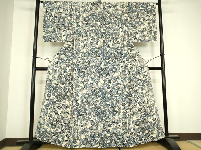 平和屋着物▽上質な小紋 単衣 藍 型染 菊文 鬼しぼ縮緬 正絹 逸品 DABH6583az