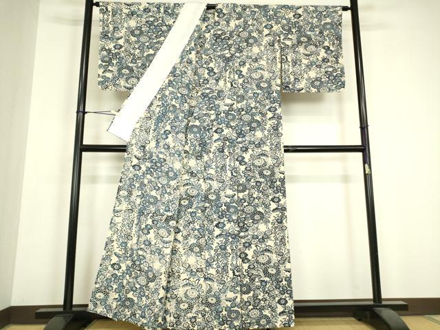 平和屋着物▽上質な小紋 単衣 藍 型染 菊文 鬼しぼ縮緬 正絹 逸品 DABH6583az