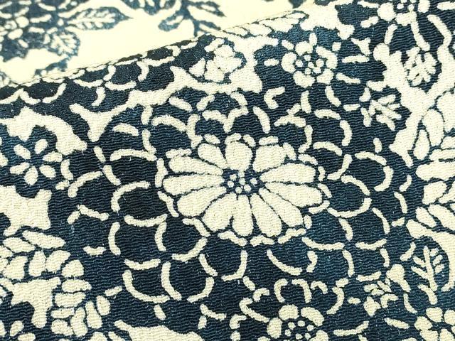 平和屋着物▽上質な小紋 単衣 藍 型染 菊文 鬼しぼ縮緬 正絹 逸品 DABH6583az