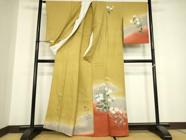 平和屋着物▽訪問着 単衣 草花文 暈し染め 金彩 正絹 逸品 DABH6588az