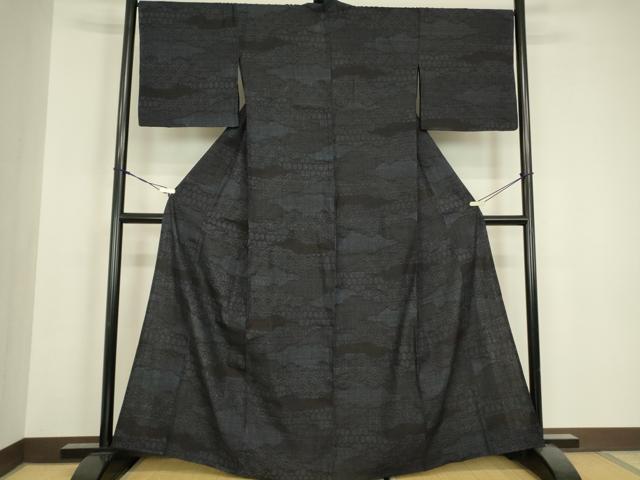 平和屋着物▽結城紬 単衣 雲取り青海波文 80亀甲 正絹 逸品 DABH6597az
